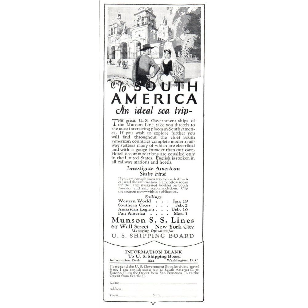 1924 Munson SS Lines Cruise to South America Vintage Print Ad Colonial Wall Art